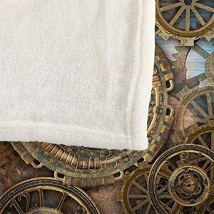 Mugod Clock and Gears Throw Blanket Rusty Steampunk Clock and Gears Bronze Old Vintage Soft Cozy Fuzzy Warm Flannel Blankets Decorative for Bed Chair Couch Sofa 50x60 Inch