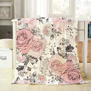 Mugod Pink Flowers Blanket Retro Rose Floral Branch Leaves Pastel Color Gray Fuzzy Soft Cozy Warm Flannel Throw Blankets Decorative for Adults Kids Women Men Girls Boys 60x80 Inch