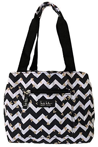 Nicole Miller of New York Insulated Waterproof Lunch Box Cooler Bag - 11" Lunch Tote (Black/White Chevron Heart)