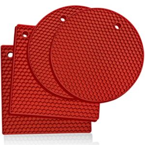 kitchenatics trivets for hot dishes, silicone trivets for hot pots & pans, hot pads for kitchen, pot holders for kitchen heat resistant mats for countertop, silicone trivet mat hot plates, red 4pcs