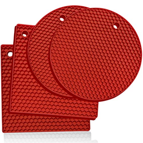 KITCHENATICS Trivets for Hot Dishes, Silicone Trivets for Hot Pots & Pans, Hot Pads for Kitchen, Pot Holders for Kitchen Heat Resistant Mats for Countertop, Silicone Trivet Mat Hot Plates, Red 4Pcs