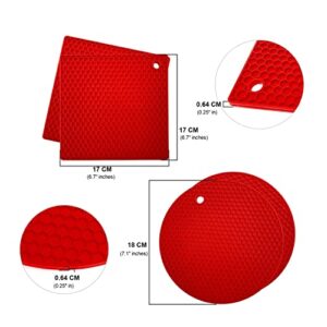 KITCHENATICS Trivets for Hot Dishes, Silicone Trivets for Hot Pots & Pans, Hot Pads for Kitchen, Pot Holders for Kitchen Heat Resistant Mats for Countertop, Silicone Trivet Mat Hot Plates, Red 4Pcs