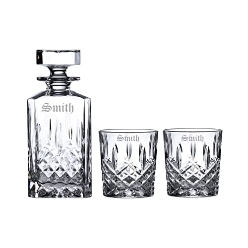 Marquis by Waterford Markham Square Personalized Crystal Whiskey Decanter Set with Pair of 11 Ounce DOF Glasses, Custom Engraved Whiskey Decanter with Glasses for Scotch, Bourbon, Rye