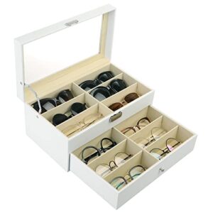 mygift deluxe white 12-compartment sunglasses display case with glass lid and leatherette trim