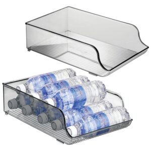 mdesign wide plastic kitchen water bottle storage organizer tray rack - holder and dispenser for refrigerators, freezers, cabinets, pantry, garage - 2 pack - smoke gray