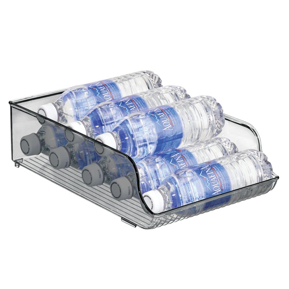 mDesign Wide Plastic Kitchen Water Bottle Storage Organizer Tray Rack - Holder and Dispenser for Refrigerators, Freezers, Cabinets, Pantry, Garage - 2 Pack - Smoke Gray