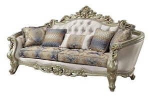 acme furniture gorsedd sofa with 5 pillows, cream fabric and antique white