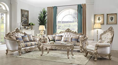 ACME Furniture Gorsedd Sofa with 5 Pillows, Cream Fabric and Antique White