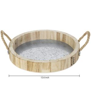 MyGift 12 Inch Round Paulownia Wood Decorative Tray with Rope Handles and Galvanized Metal Base, Large Ottoman Serving Tray for Living Room