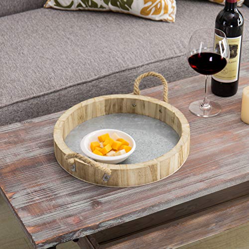 MyGift 12 Inch Round Paulownia Wood Decorative Tray with Rope Handles and Galvanized Metal Base, Large Ottoman Serving Tray for Living Room