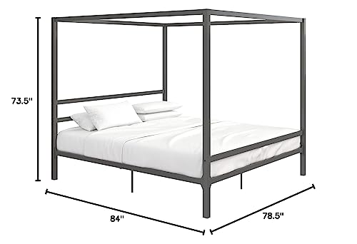 DHP Modern Metal Canopy Platform Bed with Minimalist Headboard and Four Poster Design, Underbed Storage Space, No Box Spring Needed, King, Gunmetal Gray