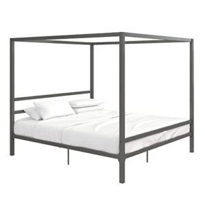 DHP Modern Metal Canopy Platform Bed with Minimalist Headboard and Four Poster Design, Underbed Storage Space, No Box Spring Needed, King, Gunmetal Gray