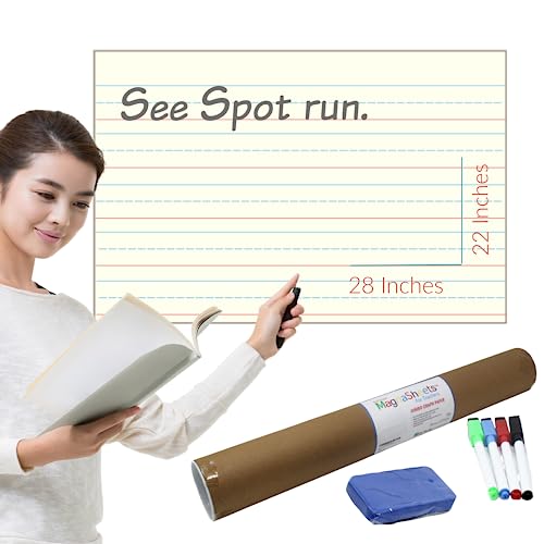 MAGNASHEETS Jumbo Sized Dry Erase Magnetic Handwriting Paper (22"W x 28"H) for Classroom Whiteboard | Eraser, Markers, Sheet, Storage Tube | Teacher Must Haves | Teacher Classroom Supplies | School