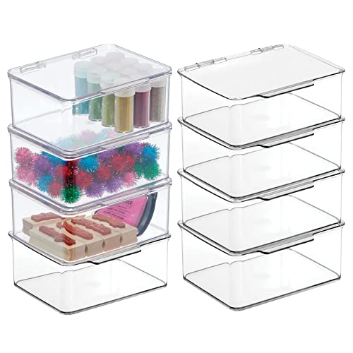 mDesign Plastic Craft Room Stackable Storage Organizer Box Containers with Hinged Lid for Thread, Beads, Ribbon, Glitter, Clay, Sewing, Crochet, Fabric - Lumiere Collection, 8 Pack - Clear