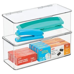 mdesign plastic stackable storage organizer box with hinged lid - long home office holder supply bin for note pads, gel pens, staples, tape, highlighters, or dry erase markers, 2 pack - clear