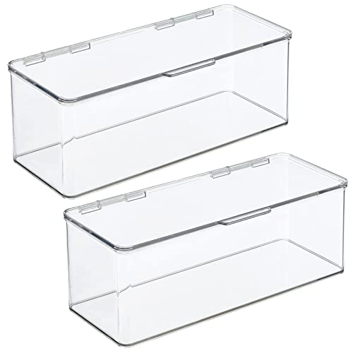 mDesign Plastic Stackable Storage Organizer Box with Hinged Lid - Long Home Office Holder Supply Bin for Note Pads, Gel Pens, Staples, Tape, Highlighters, or Dry Erase Markers, 2 Pack - Clear