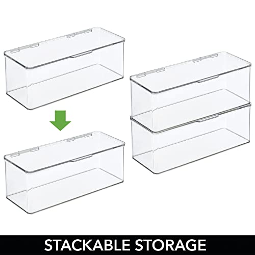 mDesign Plastic Stackable Storage Organizer Box with Hinged Lid - Long Home Office Holder Supply Bin for Note Pads, Gel Pens, Staples, Tape, Highlighters, or Dry Erase Markers, 2 Pack - Clear