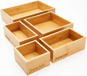 thomas grace homewares 5-piece bamboo storage box & organizer set multi-sized set of 5 drawer dividers organizer boxes for kitchen, office, jewellery, junk, cosmetic, bath, bedroom or gift.