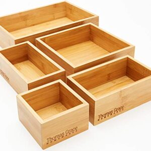 Thomas Grace Homewares 5-Piece Bamboo Storage Box & Organizer Set Multi-sized Set of 5 Drawer Dividers Organizer Boxes for kitchen, office, jewellery, junk, cosmetic, bath, bedroom or Gift.