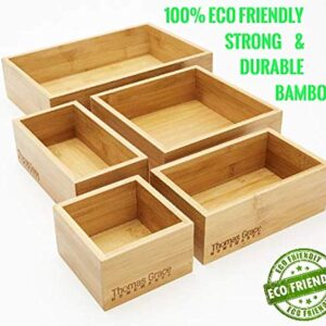 Thomas Grace Homewares 5-Piece Bamboo Storage Box & Organizer Set Multi-sized Set of 5 Drawer Dividers Organizer Boxes for kitchen, office, jewellery, junk, cosmetic, bath, bedroom or Gift.