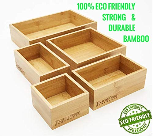 Thomas Grace Homewares 5-Piece Bamboo Storage Box & Organizer Set Multi-sized Set of 5 Drawer Dividers Organizer Boxes for kitchen, office, jewellery, junk, cosmetic, bath, bedroom or Gift.