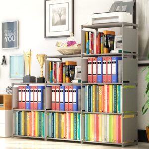 oppsdecor 9-cubes bookshelf, 4 tier shelf adjustable diy bookcases for kid, book shelf organizing storage shelving cabinet for bedroom living room office (grey)