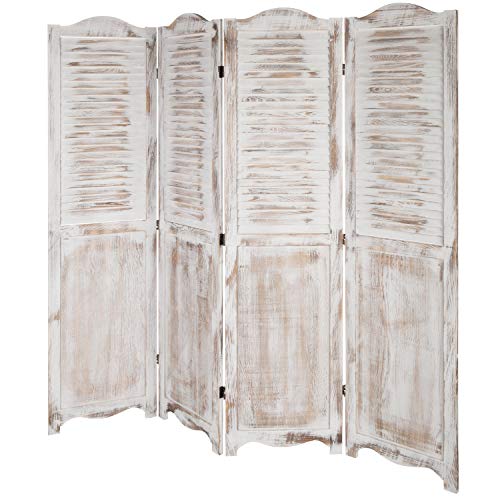 MyGift Room Divider, 4-Panel Antique Whitewashed Wood Louvered Shabby Chic Home Decor Dressing Screen with Dual-Action Hinge