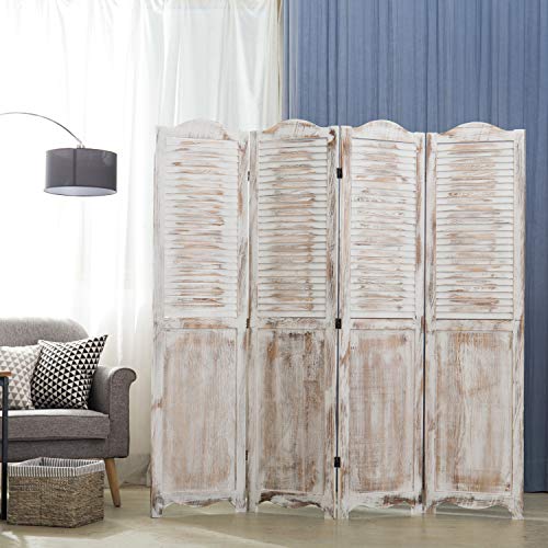 MyGift Room Divider, 4-Panel Antique Whitewashed Wood Louvered Shabby Chic Home Decor Dressing Screen with Dual-Action Hinge