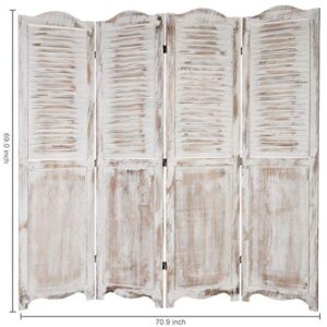 MyGift Room Divider, 4-Panel Antique Whitewashed Wood Louvered Shabby Chic Home Decor Dressing Screen with Dual-Action Hinge