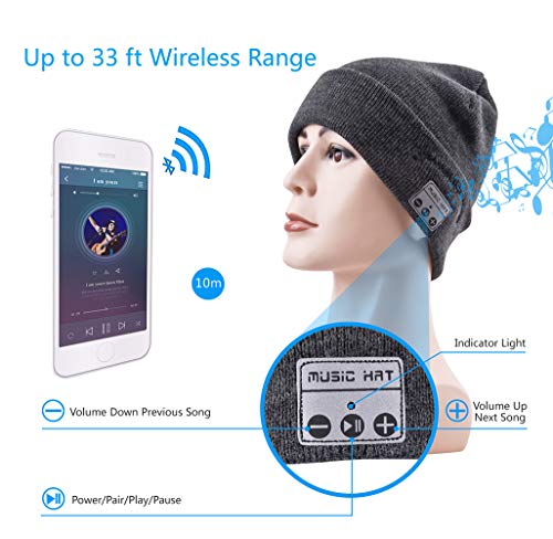 Happy-top Wireless Bluetooth Beanie Hat Winter Soft Warm Knit Music Hat Cap with Stereo Headphone Headset Speaker Mic Hands Free for Men Women Outdoor Sports Skiing Running Skating Dark Grey