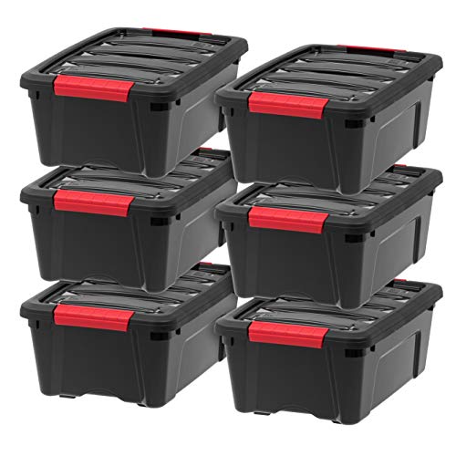 IRIS USA 12 Qt. Plastic Storage Container Bin with Secure Lid and Latching Buckles, 6 pack - Black, Durable Stackable Nestable Organizing Tote Tub Box Toy General Organization Small