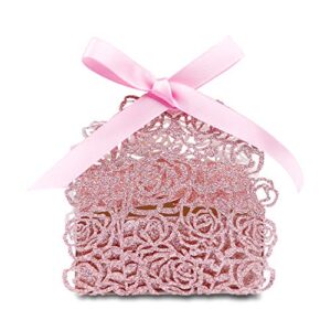 PONATIA 50 PCS Laser Cut Rose Gold Glitter Boxes with Pink Ribbons Wedding Party Favor, Wedding Gift Bags Chocolate Candy and Gift Boxes(Rose Gold Glitter)