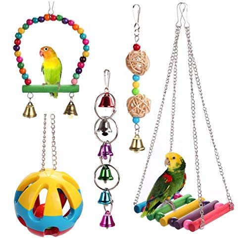 HappyToy 4pcs Bird Parrot Toys Play Set for Bird Cage, Colorful Chewing Hanging Swing Toy Bells, Ladder Swing for Small Parrots, Macaws, Parakeets, Conures, Cockatiels, Love Birds (Bird Swing Set3)