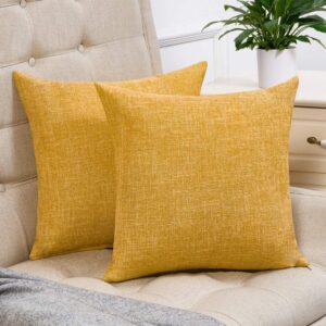 anickal set of 2 mustard yellow pillow covers rustic linen decorative square throw pillow covers 18x18 inch for sofa couch decoration