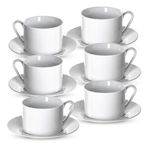 klikel tea cups and saucers set - 6 piece white coffee mug set - 6 inch plates and 8.5oz mugs - cappuccino cup and saucer set for latte café mocha espresso bar