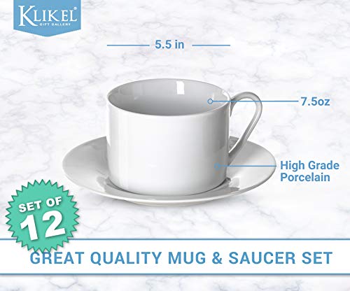 Klikel Tea Cups And Saucers Set - 6 Piece White Coffee Mug Set - 6 Inch Plates And 8.5oz Mugs - Cappuccino Cup And Saucer Set For Latte Café Mocha Espresso Bar