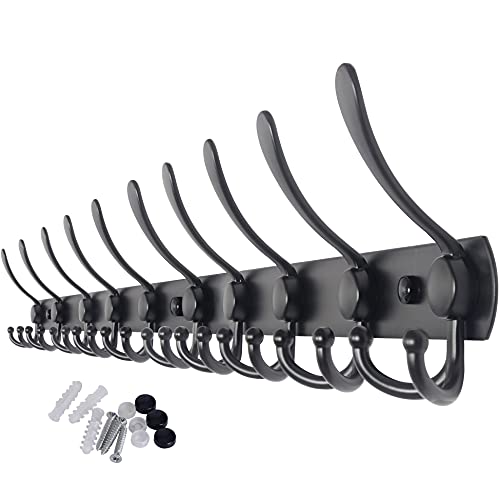 WEBI Coat Rack Wall Mounted,37 5/8'' Long,10 Hooks,Coat Hooks Wall Mounted,16'' Hole to Hole,Coat Hanger Wall,Triple Hooks for Hanging Coats,Clothes,Jacket,Hats,Black