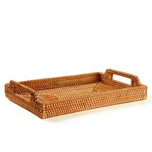 14 inch large rattan rectangle serving tray with handles, 2 inch deep handmade wicker basket, woven decorative basket jute tray for table, ottoman, vanity, kitchen counter, honey brown, s, i-lan