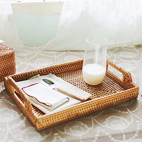 14 Inch Large Rattan Rectangle Serving Tray with Handles, 2 Inch Deep Handmade Wicker Basket, Woven Decorative Basket Jute Tray for Table, Ottoman, Vanity, Kitchen Counter, Honey Brown, S, I-lan