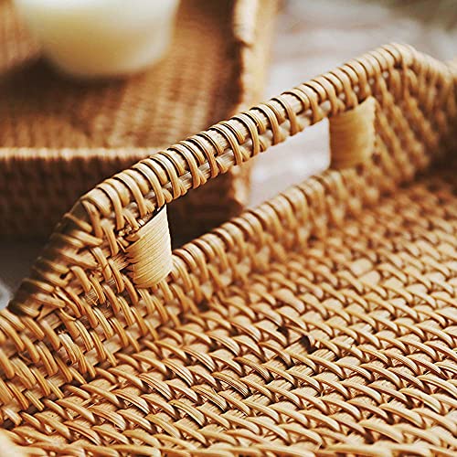 14 Inch Large Rattan Rectangle Serving Tray with Handles, 2 Inch Deep Handmade Wicker Basket, Woven Decorative Basket Jute Tray for Table, Ottoman, Vanity, Kitchen Counter, Honey Brown, S, I-lan