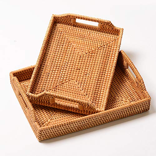 14 Inch Large Rattan Rectangle Serving Tray with Handles, 2 Inch Deep Handmade Wicker Basket, Woven Decorative Basket Jute Tray for Table, Ottoman, Vanity, Kitchen Counter, Honey Brown, S, I-lan