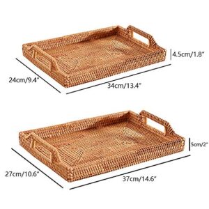 14 Inch Large Rattan Rectangle Serving Tray with Handles, 2 Inch Deep Handmade Wicker Basket, Woven Decorative Basket Jute Tray for Table, Ottoman, Vanity, Kitchen Counter, Honey Brown, S, I-lan