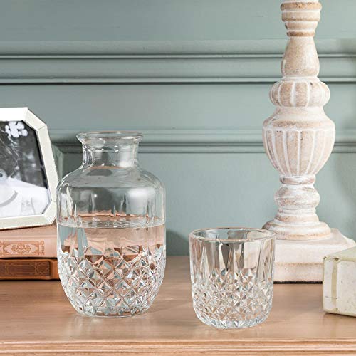 Bedside Water Carafe and Glass Set - Bedside Carafe Pitcher and Glass Cup - Glass Carafe 18oz Cup 4.5 oz - Night Carafe with Glass - (Crystal)