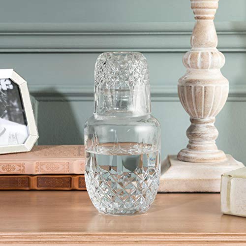 Bedside Water Carafe and Glass Set - Bedside Carafe Pitcher and Glass Cup - Glass Carafe 18oz Cup 4.5 oz - Night Carafe with Glass - (Crystal)