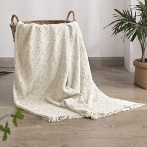 simple&opulence 100% cotton throw blanket for bed, couch, boho luxury geometric knit woven blanket with tassels soft lightweight cozy breathable, vintage farmhouse decoration for all-season(white)