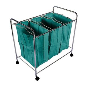 heavy duty 3 bag rolling laundry sorter storage cart clothes hamper with wheels large baskets removable bags triple compartment portable laundry hamper holds up to three loads of laundry (indigo)