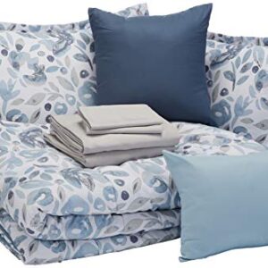 Amazon Basics 10-Piece Bed-in-a-Bag - Soft, Easy-Wash Microfiber - Full/Queen, Blue Watercolor Floral