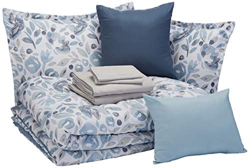 Amazon Basics 10-Piece Bed-in-a-Bag - Soft, Easy-Wash Microfiber - Full/Queen, Blue Watercolor Floral