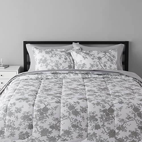 Amazon Basics 8-Piece Ultra-Soft Microfiber Bed-In-A-Bag Comforter Bedding Set - Full/Queen, Grey Chinoiserie