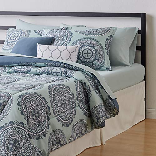 Amazon Basics 10-Piece Bed-in-a-Bag - Soft, Easy-Wash Microfiber - Full/Queen, Sea Foam Medallion